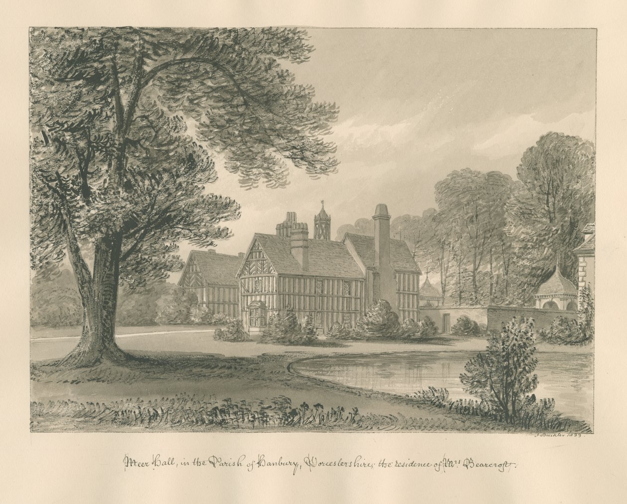Worcestershire - Hanbury - Meer Hall: sepia drawing بواسطة جون باكلر