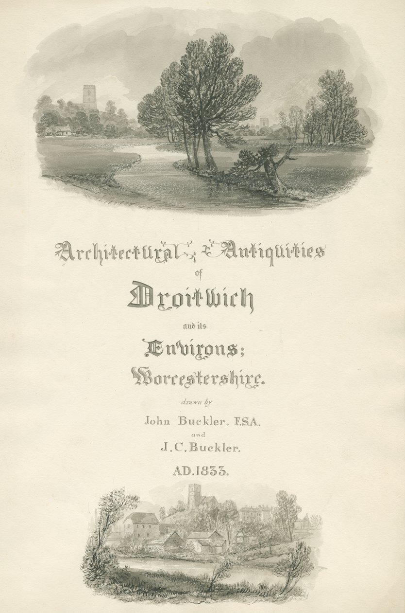 Worcestershire - Title Page for portfolio of work by John and J. C. Buckler: sepia drawing بواسطة جون باكلر