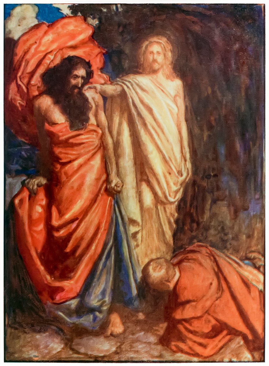 ضرب المؤمنين موسى من الحجاج تقدم من هذا العالم ، إلى ما سيأتي بقلم جون بونيان (1628-1688) رسم بيام شو (1872-1919) يظهر ضرب المؤمنين من قبل unmerc بواسطة جون بيام ليستون شو