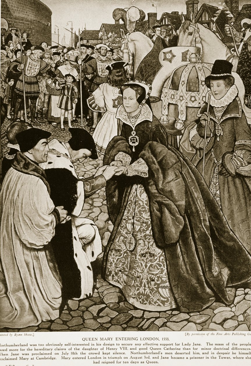الملكة ماري تدخل لندن ، 1553 ، رسم توضيحي من "قصة هتشنسون عن الأمة البريطانية" ، ج .1923 بواسطة جون بيام ليستون شو