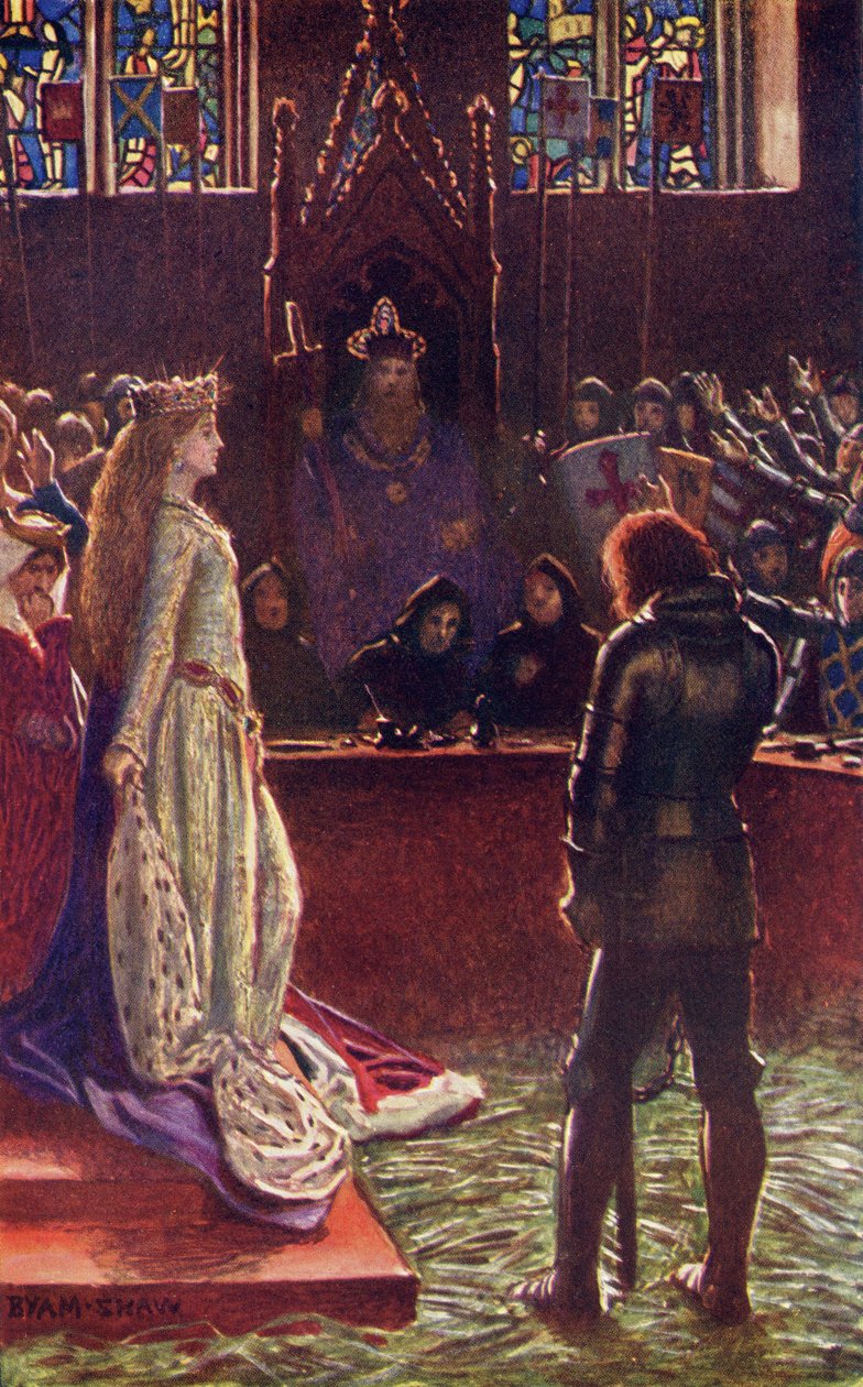 سيدة السير لانفال تستأنف القضاة ، صورة من فيلم "Romance and Legend of Chivalry" للمؤلف إيه آر مونكريف بواسطة جون بيام ليستون شو