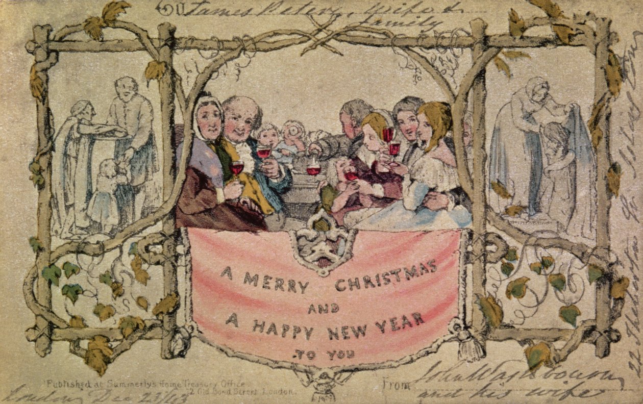 بطاقة عيد الميلاد ، مثال على أول بطاقة عيد الميلاد المعروفة المستخدمة ، 1843 (ألوان مائية ملونة مطبوعة على الطباعة) (للتصميم الأصلي انظر 14897) بواسطة جون كالكوت هورسلي
