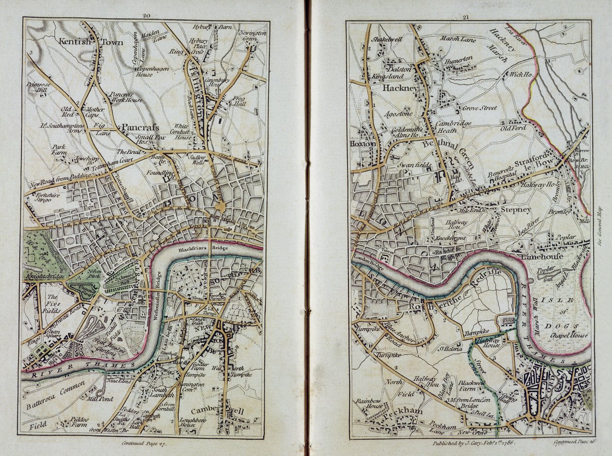 خريطة شرق لندن ، الصفحتان 20-21 ، من "مسح كاري الفعلي لميدلسكس" ، 1786 (نقش يدوي) بواسطة جون كاري