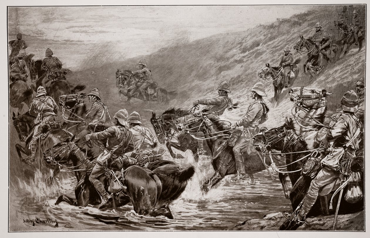 The Dash for Kimberley - The 10th Hussars Crossing Klip Drift بعد رسم تخطيطي من قبل GD Giles (fl.1890) بواسطة جون تشارلتون