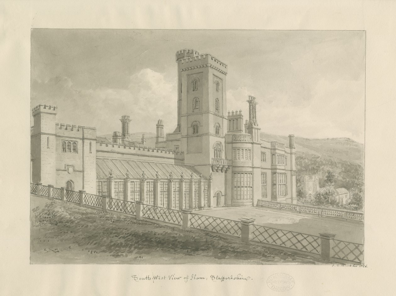 Ilam Hall: sepia drawing بواسطة جون شيسيل بكلر