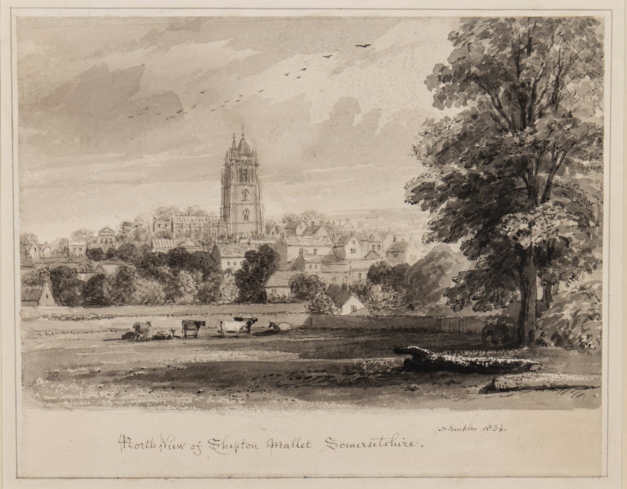 المنظر الشمالي الغربي لشيبتون ماليت ، سومرشاير ، 1834 (قلم ، فرشاة وحبر على ورق) بواسطة جون شيسيل بكلر