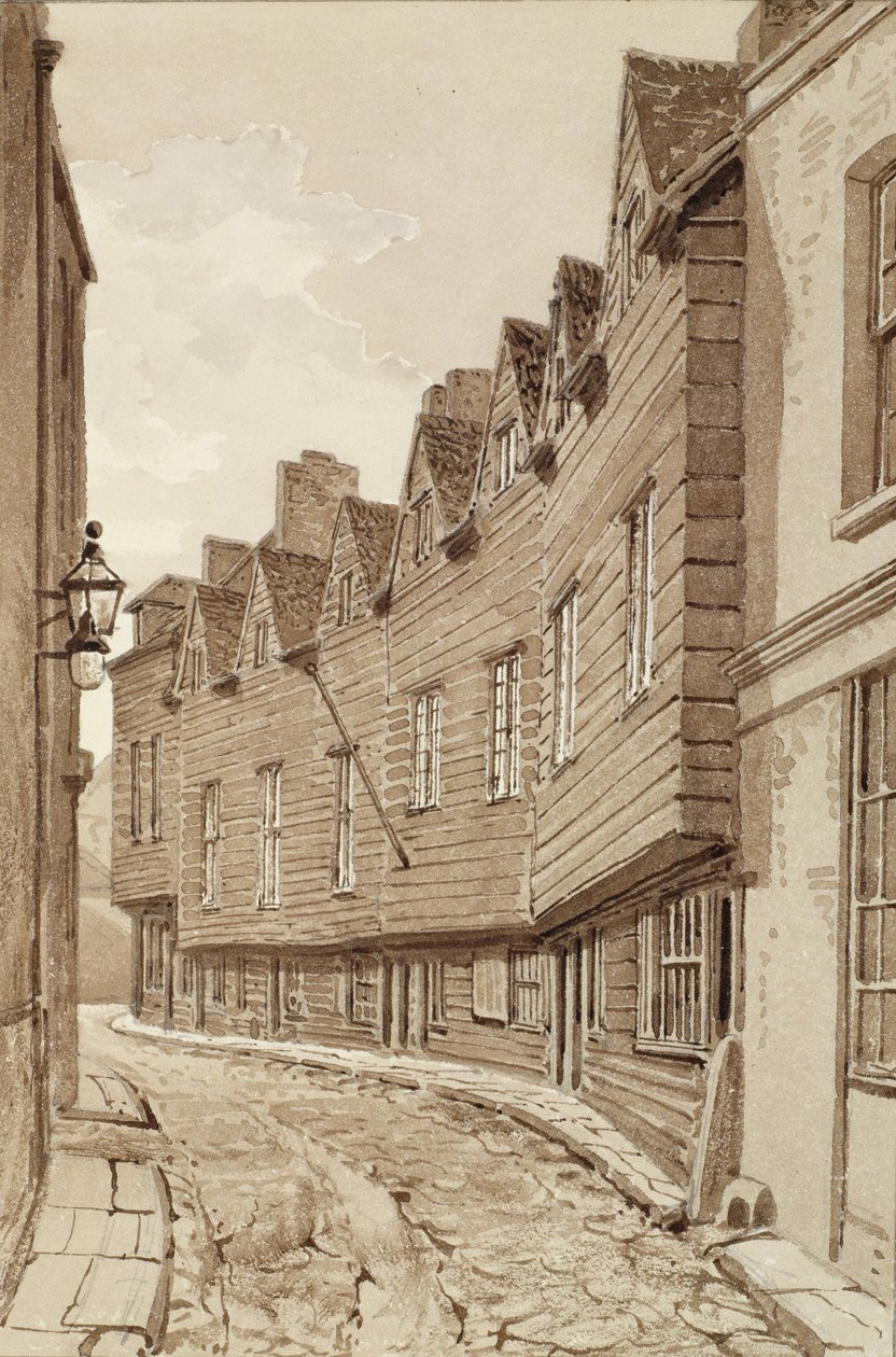 منازل قديمة في ميل لين ، برموندسي ، 1828 ، من "بينانت لندن" (يغسل بالقلم الجاف والبني على الورق) بواسطة جون شيسيل بكلر