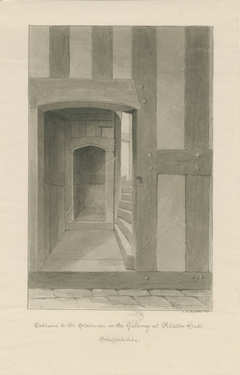 Pillaton Hall - Interior of Gatehouse: sepia drawing بواسطة جون شيسيل بكلر