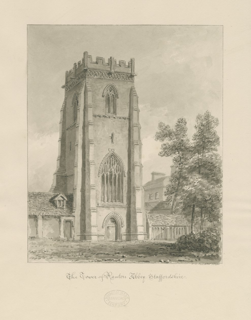 Ranton Abbey [Priory] - The Tower: sepia drawing بواسطة جون شيسيل بكلر