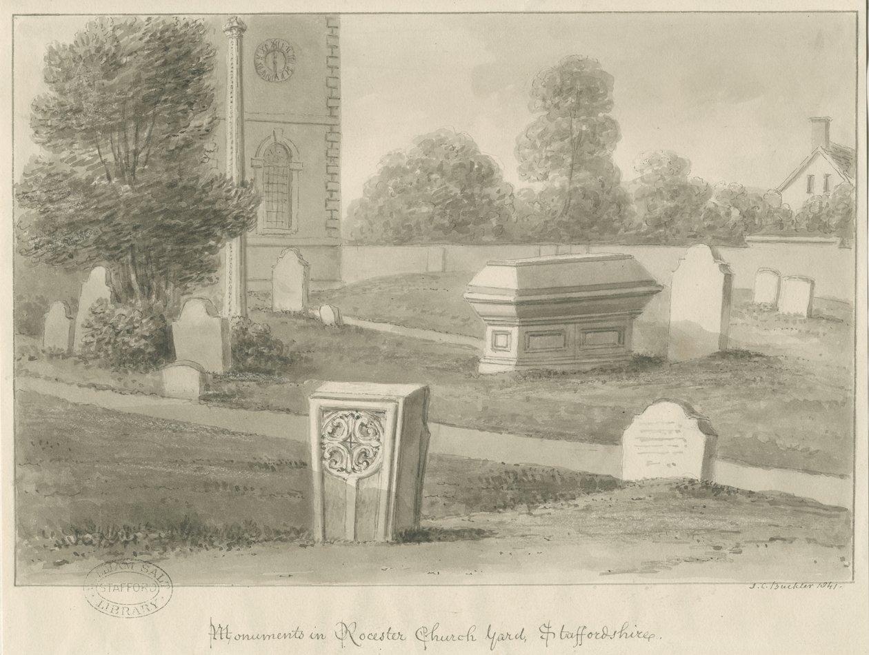 Rocester Church - Monuments and Church-yard: sepia drawing بواسطة جون شيسيل بكلر
