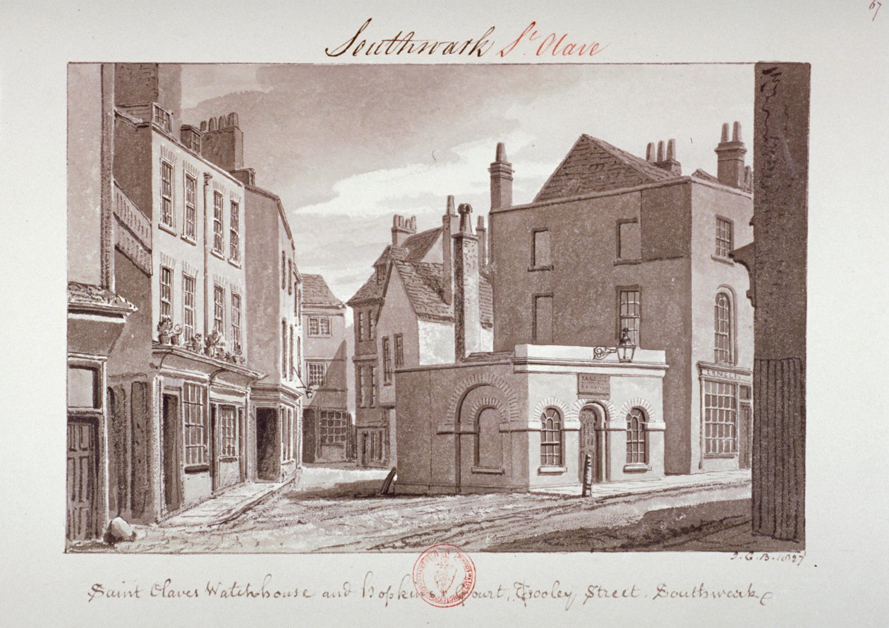 'Saint Olave's Watchhouse and Hopkin's Court near Tooley Street، Southwark' ، لندن ، ١٨٢٧ بواسطة جون شيسيل بكلر