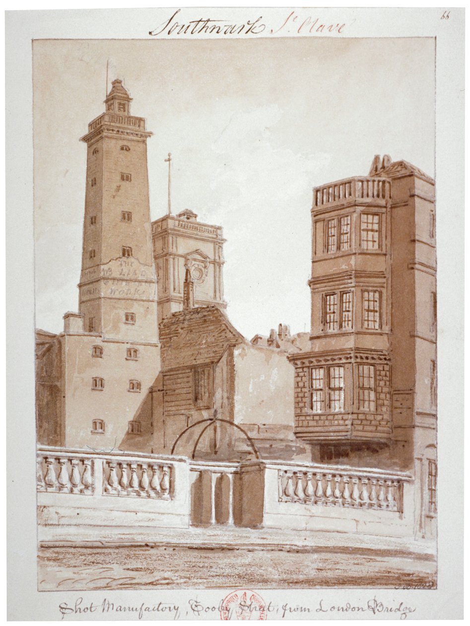 'Shot Factory، Tooley Street، from London Bridge'، Bermondsey، London، 1828 بواسطة جون شيسيل بكلر