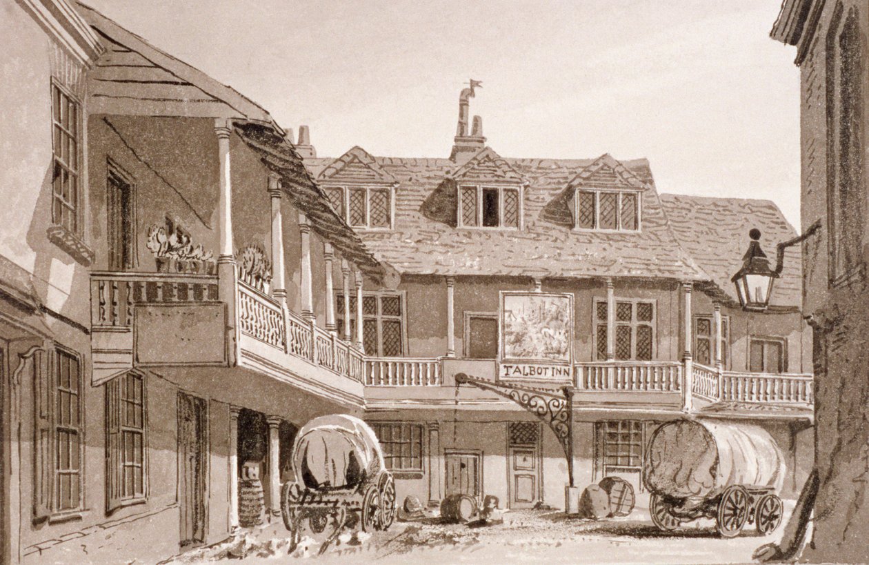 The Tabard Inn on Borough High Street ، ساوثوارك ، لندن ، 1827. بواسطة جون شيسيل بكلر