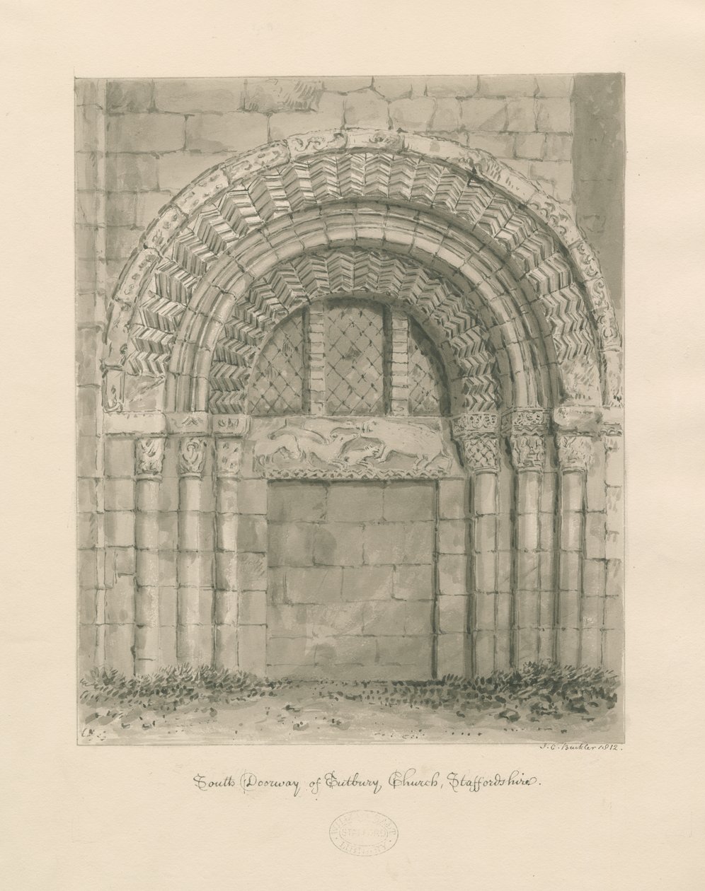 كنيسة Tutbury Priory - المدخل الجنوبي: رسم بني داكن ، 1812 بواسطة جون شيسيل بكلر