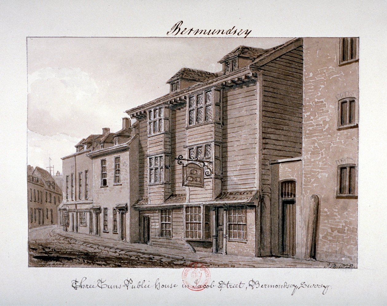 منظر لمنزل Three Tuns العام في شارع Jacob ، Bermondsey ، لندن ، 1828 بواسطة جون شيسيل بكلر