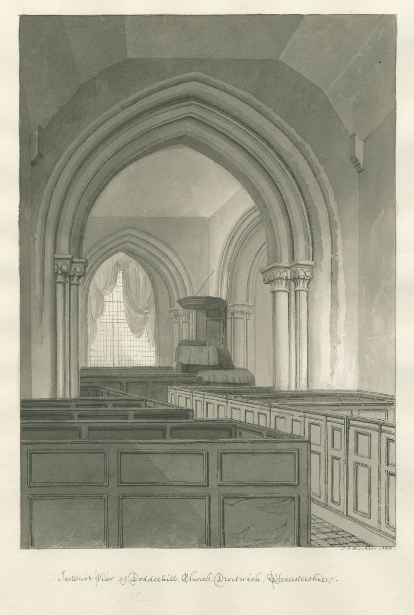 Worcestershire - Droitwich - Dodderhill Church Interior: sepia drawing بواسطة جون شيسيل بكلر