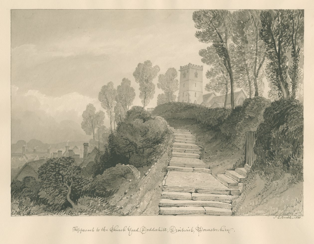 Worcestershire - Droitwich - Dodderhill Church: رسم بني داكن ، 1833 بواسطة جون شيسيل بكلر