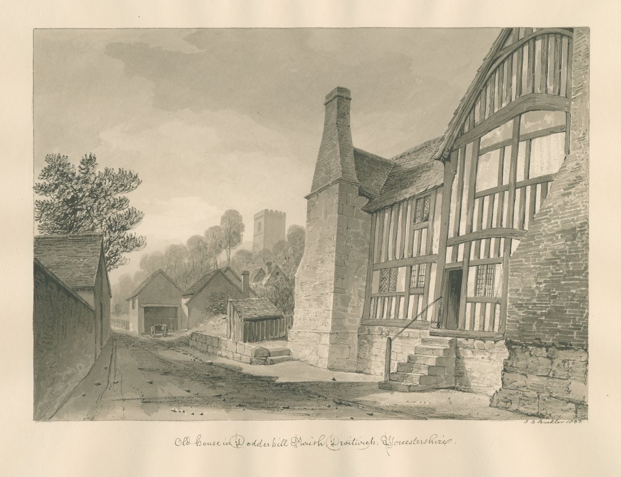 Worcestershire - Droitwich - Dodderhill Old House: رسم بني داكن بواسطة جون شيسيل بكلر