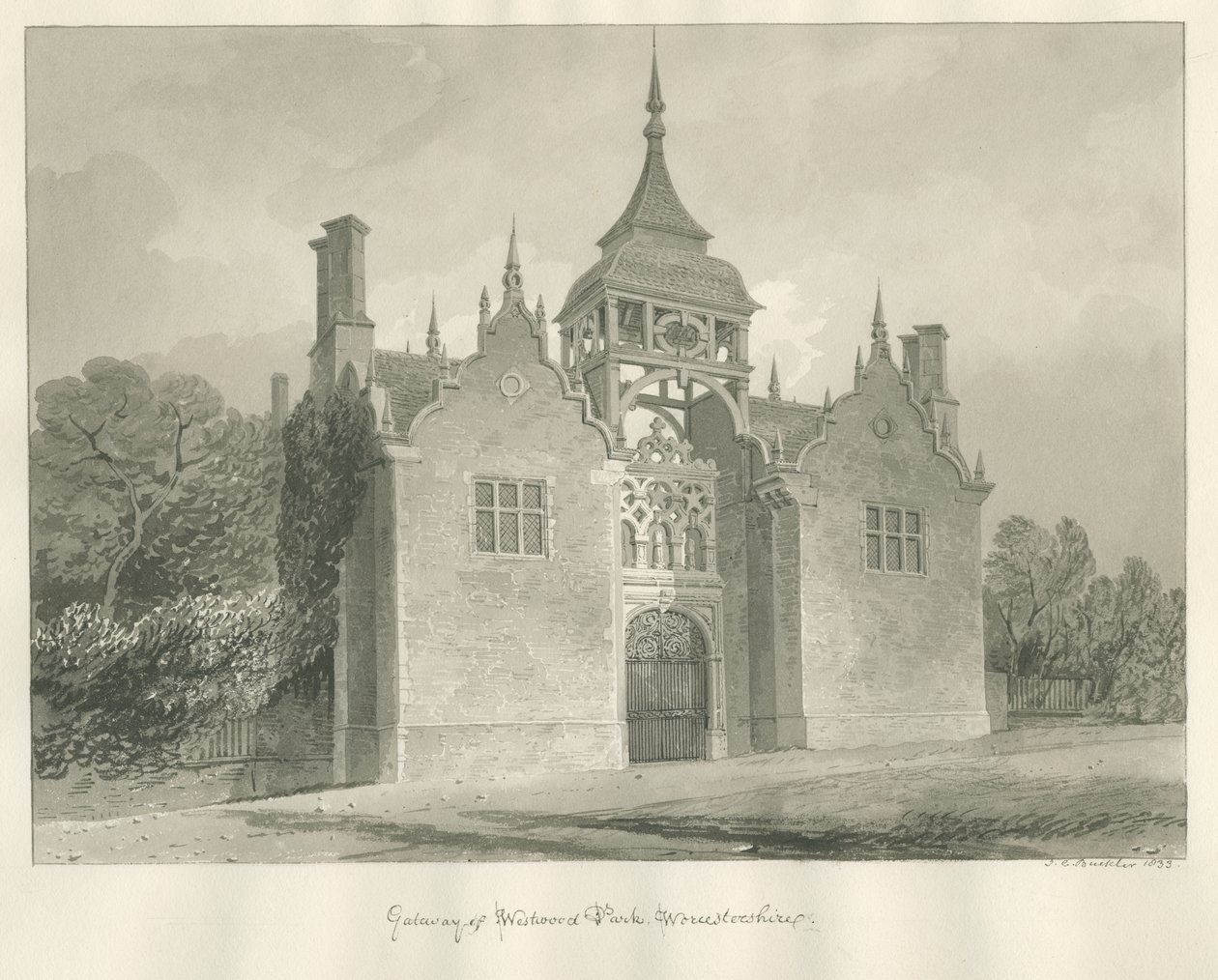 Worcestershire - Westwood Park - مدخل البوابة: رسم بني داكن ، 1833 بواسطة جون شيسيل بكلر