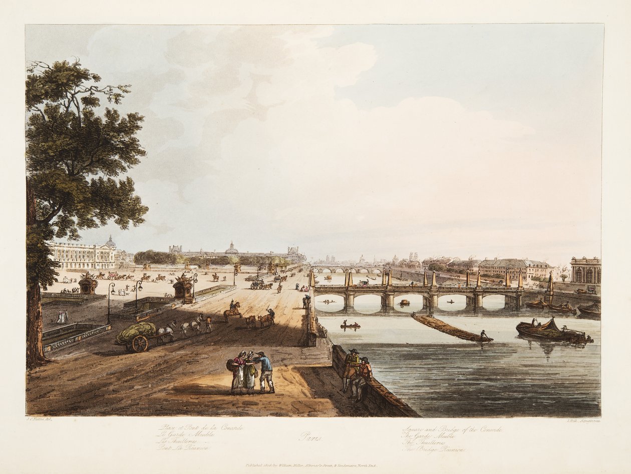 ساحة وجسر الكونكورد. ذا غارد ميوبلي الثوايل. The Bridge Reunion ، رسم توضيحي من حانة "فرساي ، باريس وسانت دينيس". 1806 (أكواتينت) بواسطة جون كلود (بعد) ناتيس