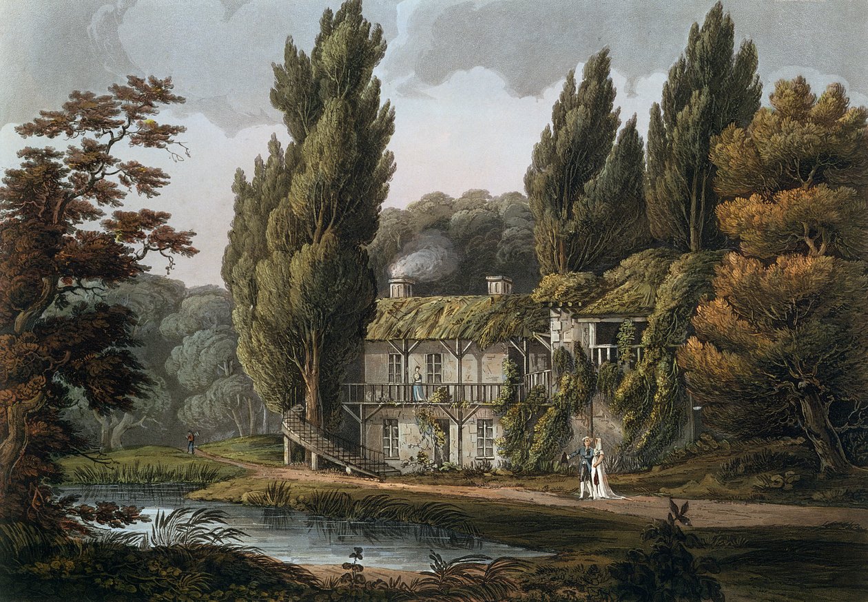غرفة الطعام في Hameau of Marie-Antoinette ، صورة توضيحية من "فرساي وباريس وسانت دينيس" ، نُشرت في لندن 1809 (نقش ملون) بواسطة جون كلود ناتس