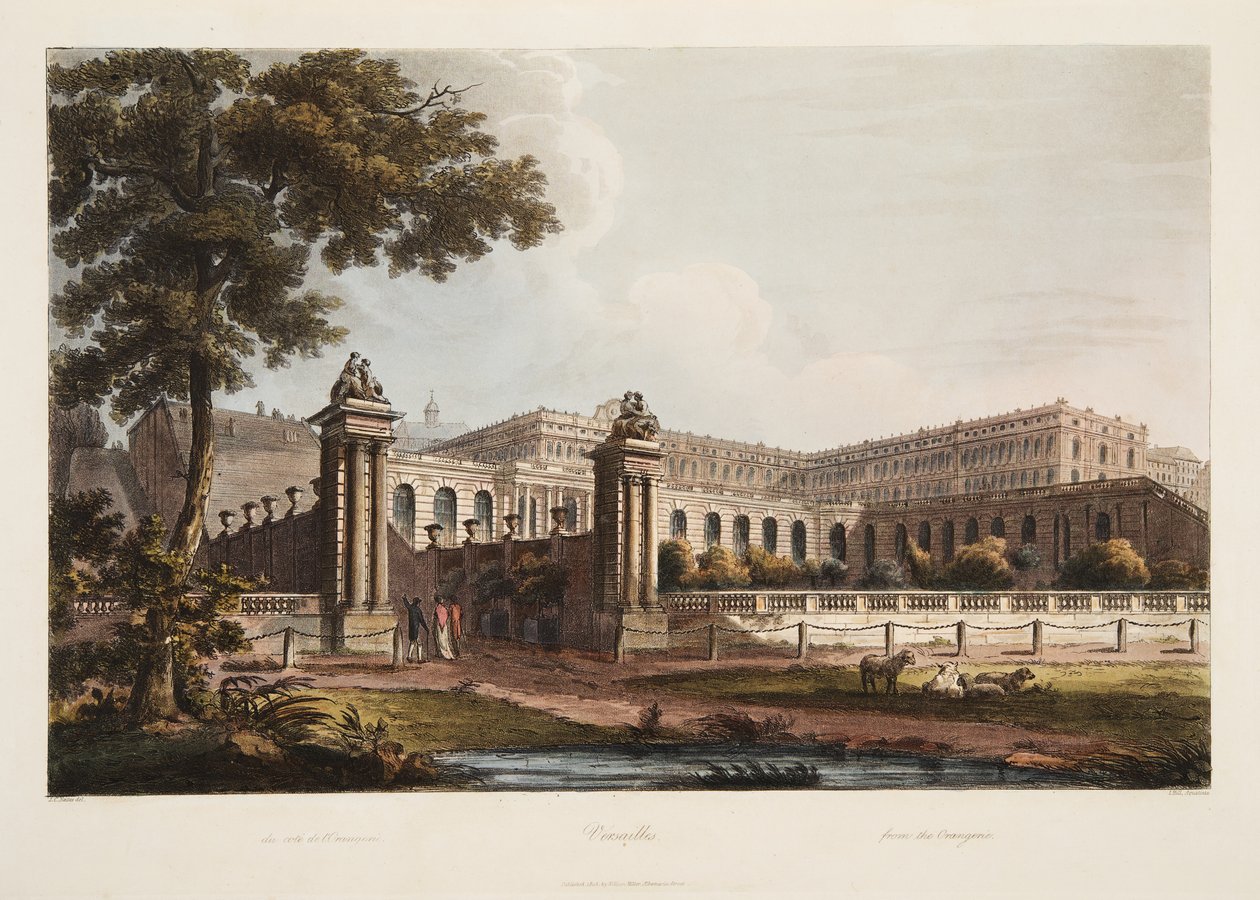 فرساي من The Orangerie ، صورة توضيحية من فرساي وباريس وسانت دينيس ، حانة. 1805 (أكواتينت) بواسطة جون كلود ناتس