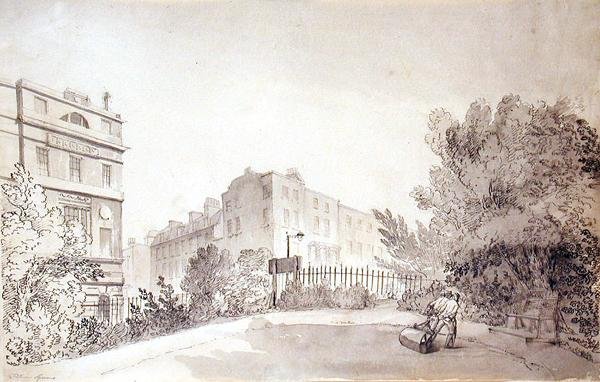 منظر لميدان فيتزروي مع شخصين يسحبان بكرة حديقة ، حوالي 1808 (حبر وغسل على ورق) بواسطة جون كلود ناتس