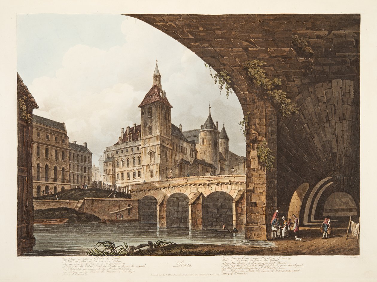 منظر ل Pont-au-Change ، و Tour de lHorloge و Conciergerie ، صورة توضيحية من فرساي وباريس وسانت دينيس ، الحانة. 1807 (أكواتينت) بواسطة جون كلود ناتس