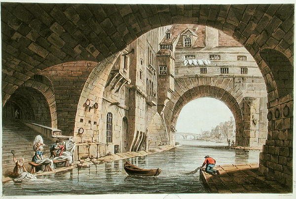 مكان الغسيل في Hotel-Dieu و Pont de la Tournelle ، منقوش بواسطة I. Hill ، 1810 (aquatint) بواسطة جون كلود بعد ناتس
