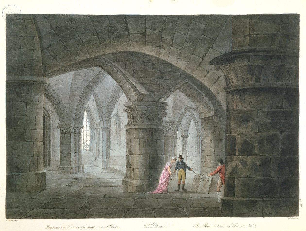 السائحون الذين يزورون قبر هنري دي لا تور دوفيرن (1611-75) فيكومت دي تورين في سرداب كنيسة سانت دينيس ، 1809 (نقش ملون) بواسطة جون كلود بعد ناتس