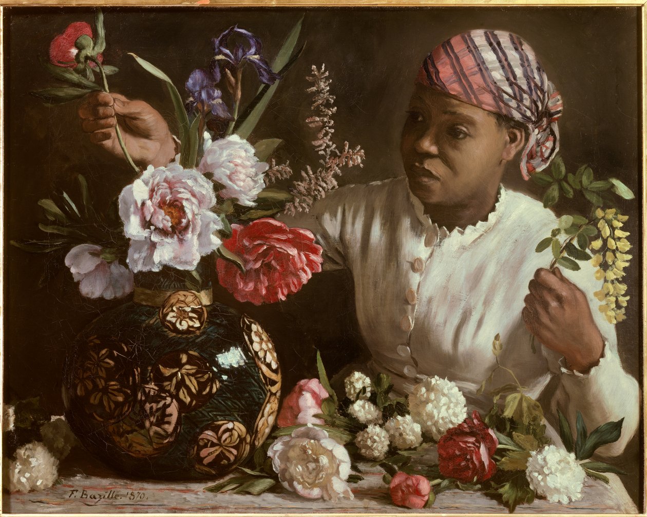 La negresse aux peonines لوحة لفريدريك بازيل (1841-1870) 1870 خافت. 0.6x0.75 م مونبلييه ، متحف فابر - المرأة السوداء مع الفاونيا. لوحة لفريدريك بازيل (1841-1870) بواسطة جون كلايتون آدمز
