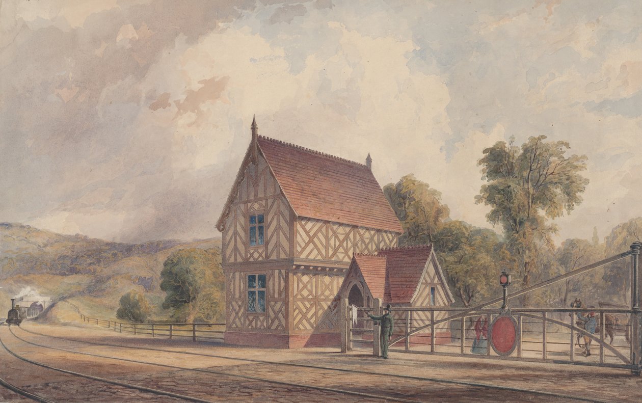 محطة قطار Tudor Style الريفية وتقاطع السكك الحديدية ، 1844-1877. بواسطة جون كونيل أوجل