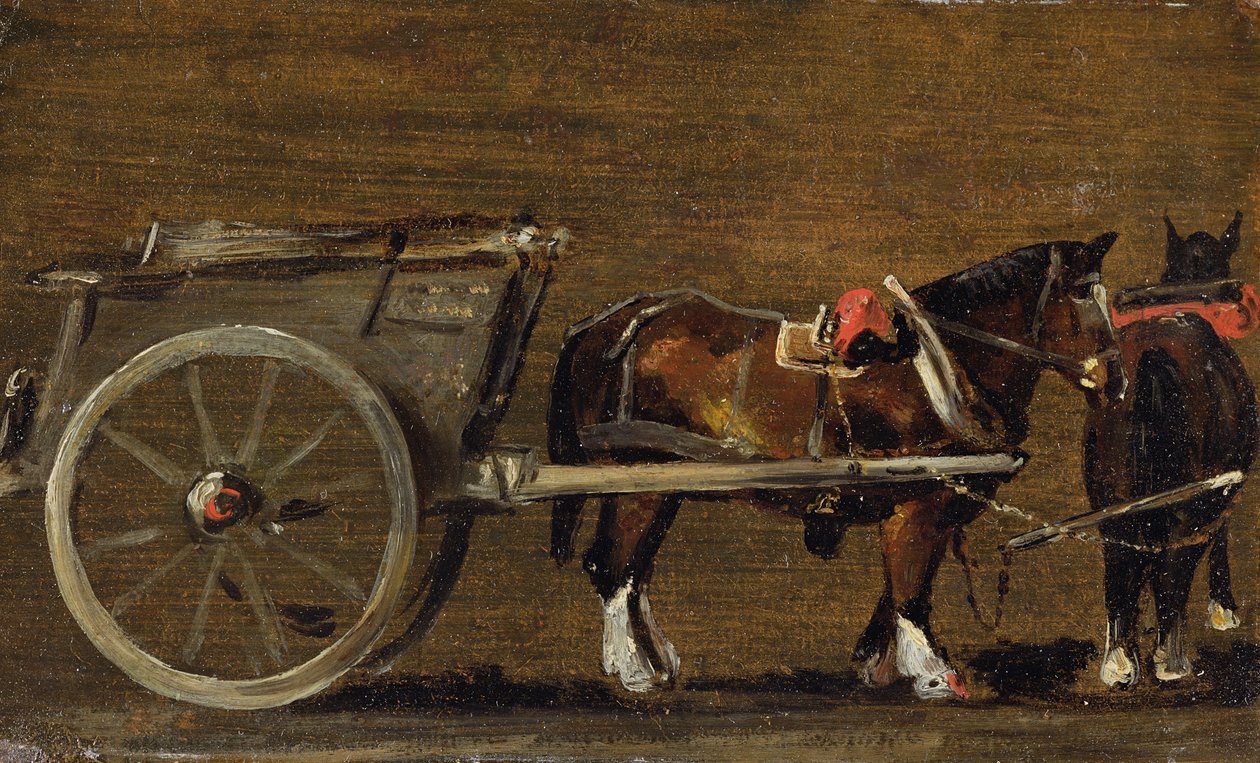 عربة مزرعة بها حصانان في الحزام: دراسة للعربة في "وادي ستور وقرية ديدهام ، 1814" (زيت على قماش على متنها) بواسطة جون كونستابل