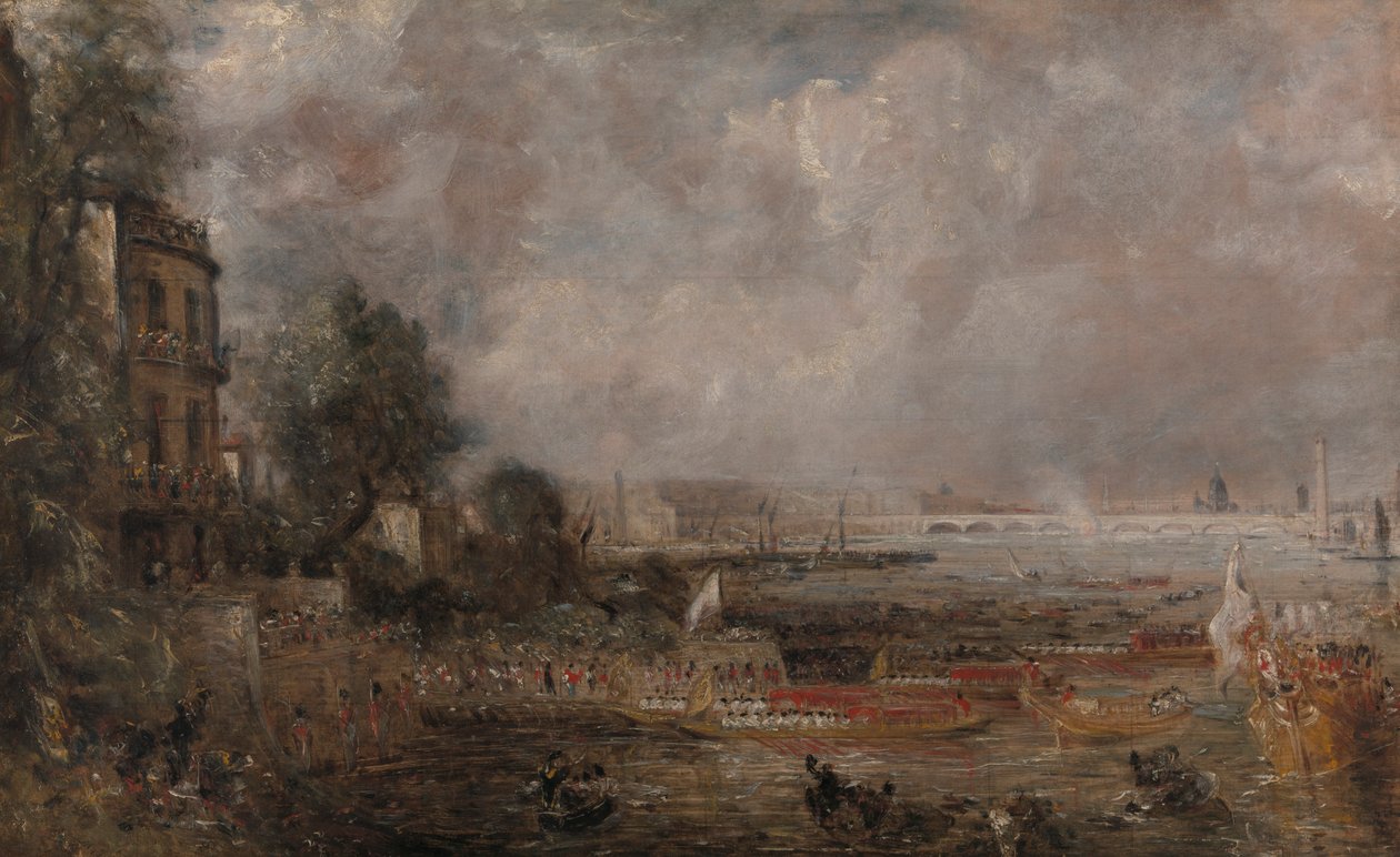 رسم تخطيطي نصف الحجم لافتتاح جسر واترلو ("سلالم وايتهول ، 18 يونيو 1817") بواسطة جون كونستابل