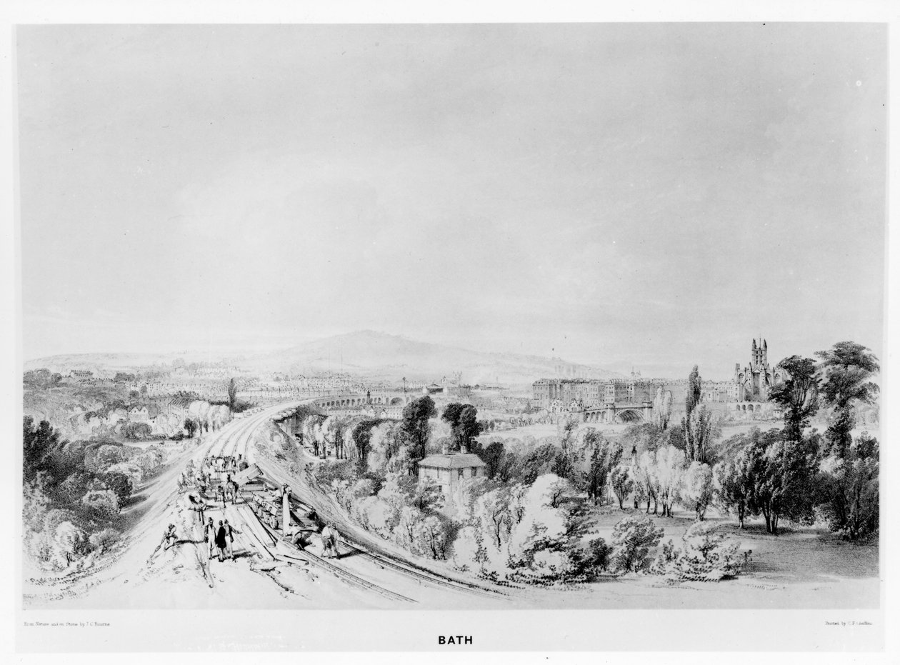 نهج محطة باث من الشرق ، من "تاريخ السكة الحديد الغربية الكبرى" ، طبعه CF Cheffins ، c.1846 بواسطة جون كوك بورن