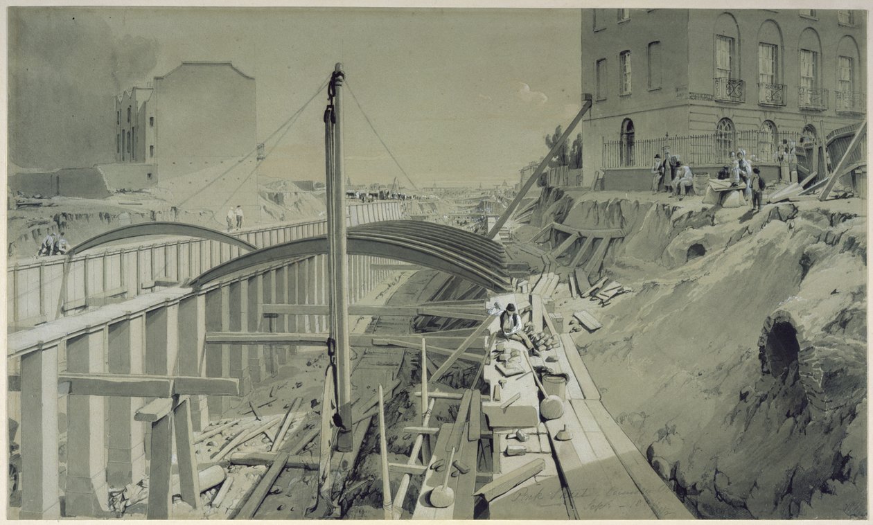 بناء الجدران الاستنادية في بارك ستريت ، مدينة كامدن ، سبتمبر 1836 (قلم وحبر وغسل على ورق) بواسطة جون كوك بورن
