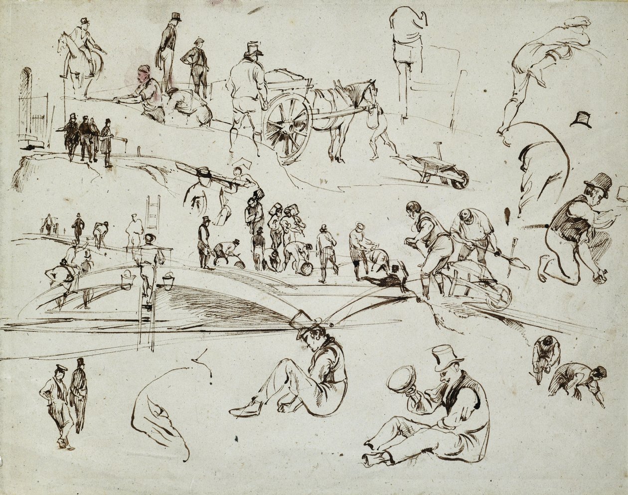 بناء سكة حديد لندن وبرمنغهام ، حوالي عام 1835 (حبر بني على ورق ؛ رسم مركب) بواسطة جون كوك بورن