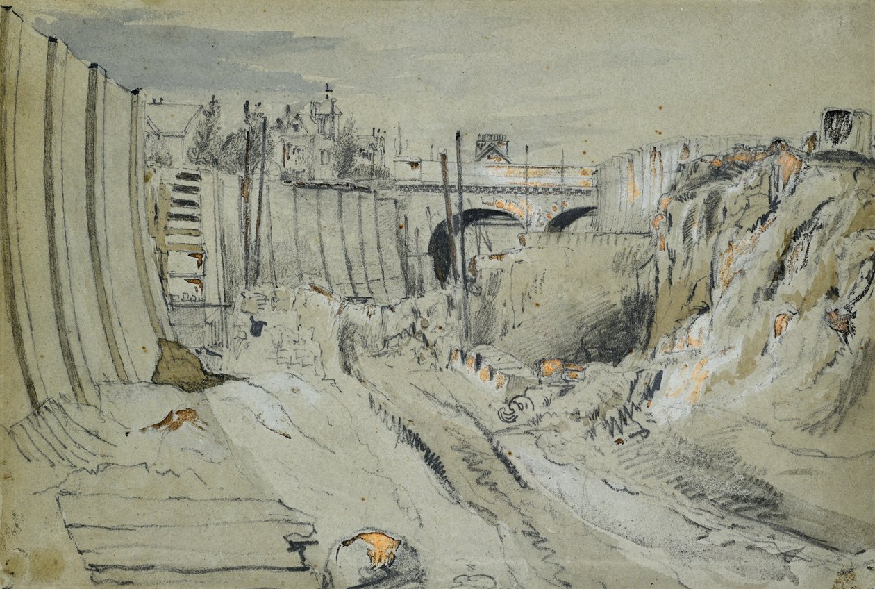 بناء سكة حديد لندن وبرمنغهام ، حوالي عام 1835 (قلم رصاص وغسل على ورق) بواسطة جون كوك بورن
