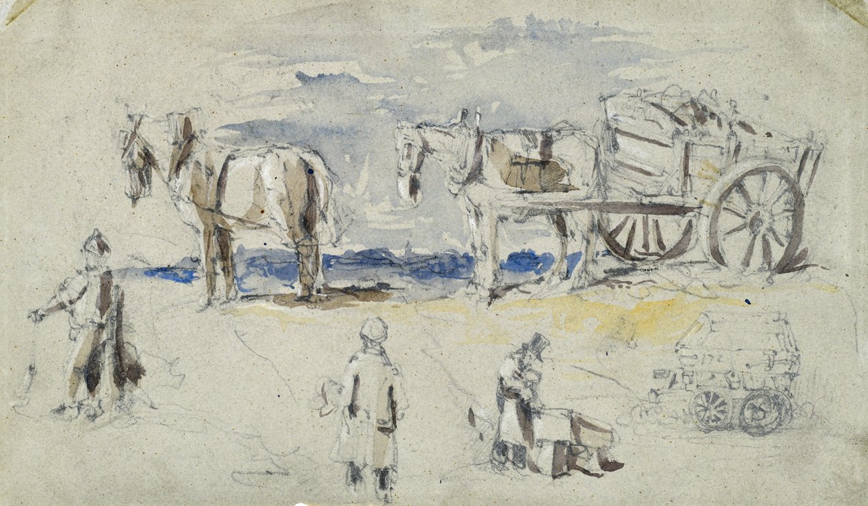 بناء سكة حديد لندن وبرمنغهام ، حوالي عام 1835 (قلم رصاص مع غسل على ورق ؛ رسم مركب) بواسطة جون كوك بورن