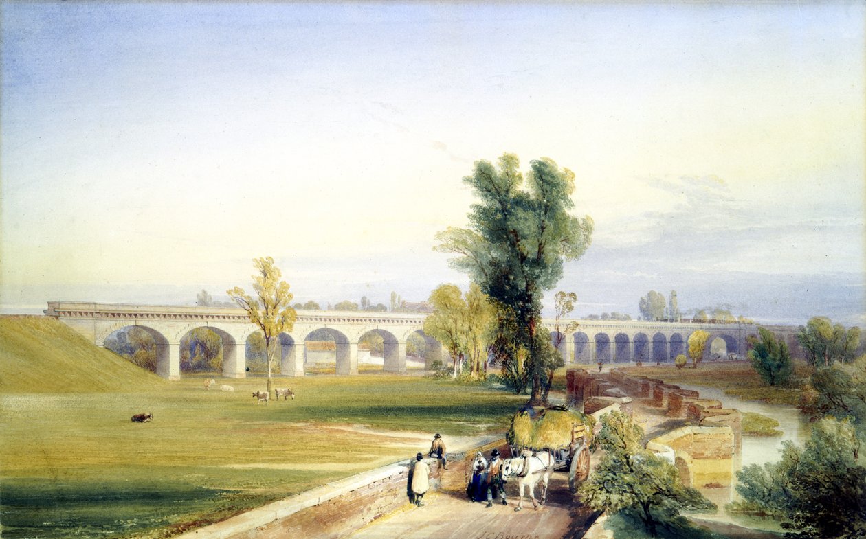 جسر النهر الهولندي ، فرع هال ودونكاستر ، شمال شرق السكة الحديد ، 1847 (قلم وحبر ومرحاض على ورق) بواسطة جون كوك بورن