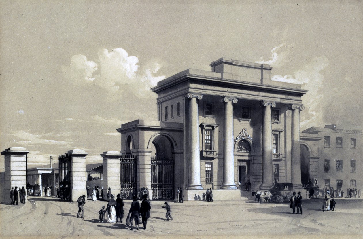 مدخل محطة برمنغهام ، سبتمبر 1838 (قلم وحبر وغسل على ورق) بواسطة جون كوك بورن