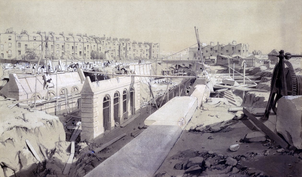 Mornington Crescent - خط قيد الإنشاء ، سبتمبر 1836 (قلم وحبر وغسل على ورق) بواسطة جون كوك بورن