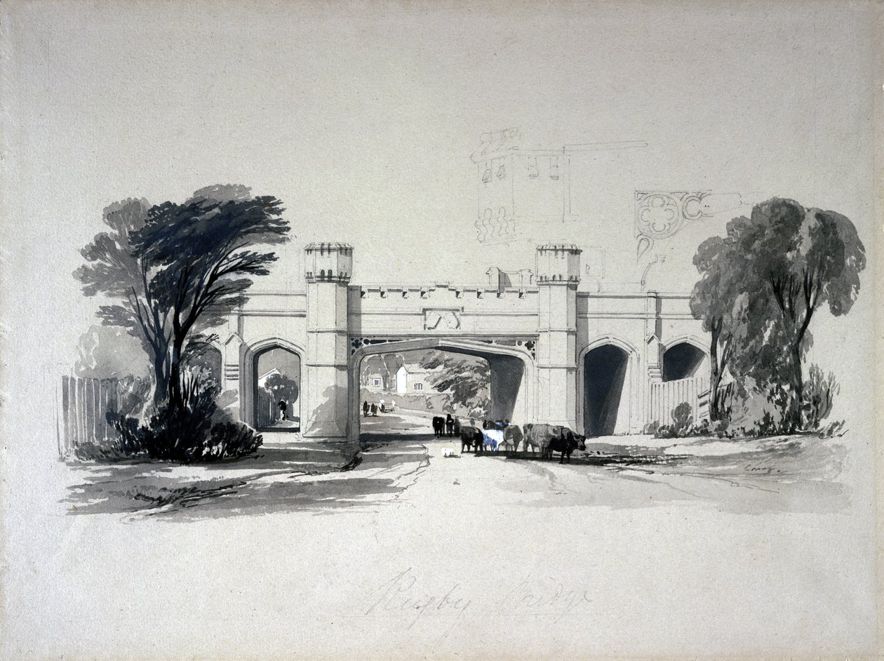 جسور السكك الحديدية للرجبي كما تُرى من الطريق ، وارويكشاير ، أبريل 1839 (قلم وحبر وغسل على ورق) بواسطة جون كوك بورن