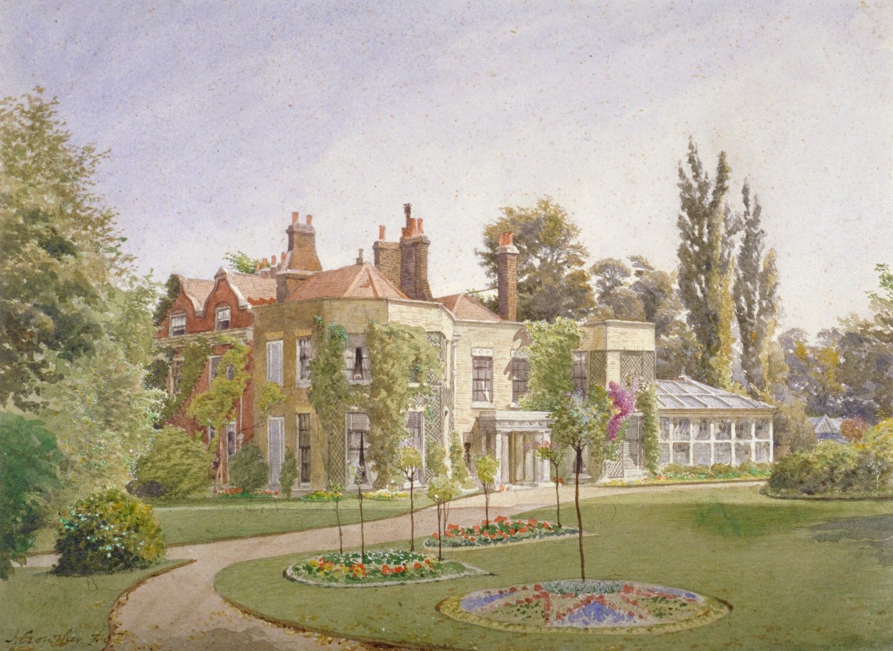 المدخل الأمامي والحديقة في Raleigh House ، Brixton Hill ، Lambeth ، London ، 1887 بواسطة جون كروثر
