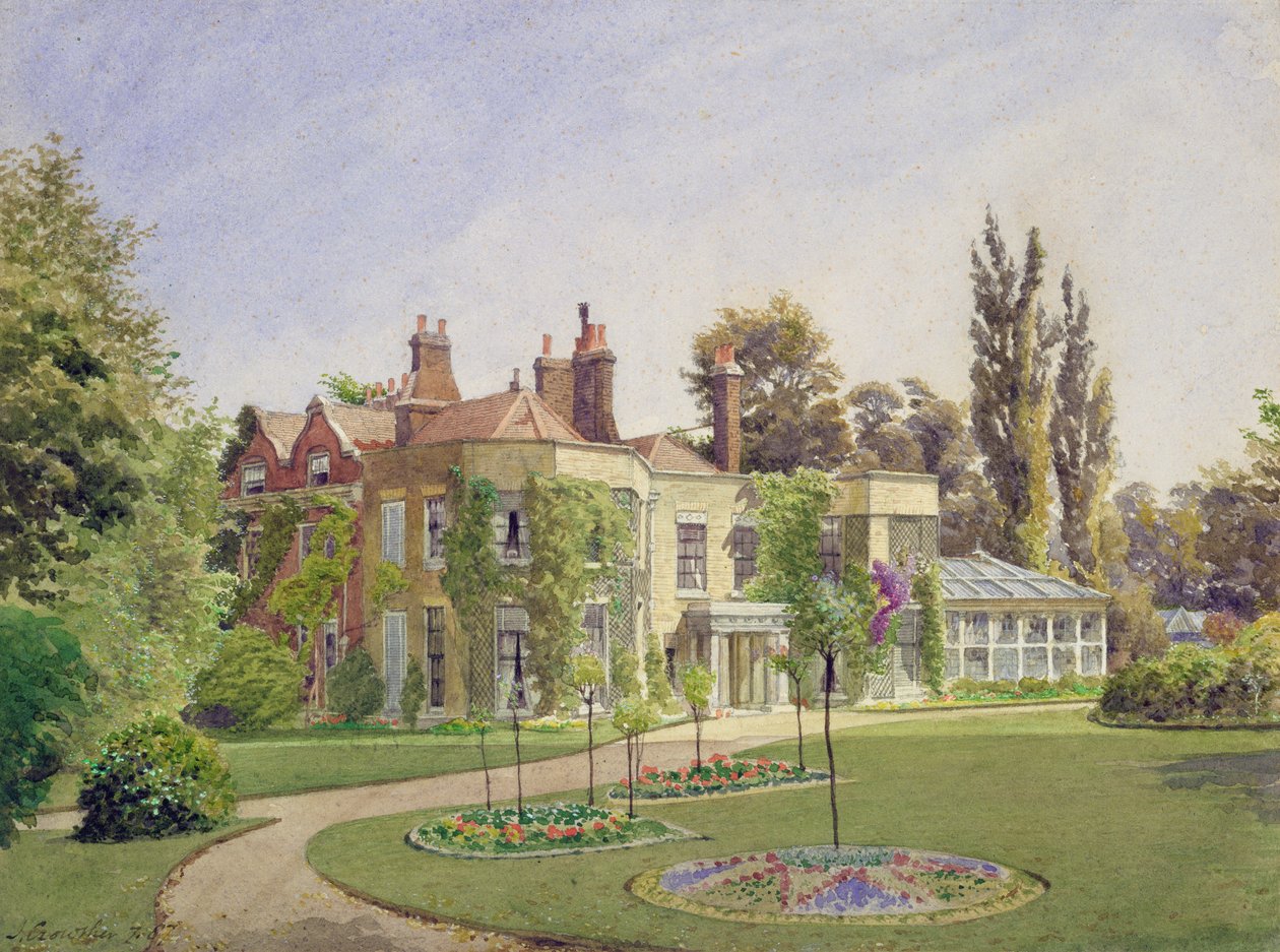 منظر للمدخل الأمامي والحديقة في Raleigh House ، Brixton Hill ، Lambeth ، 1887 بواسطة جون كروثر