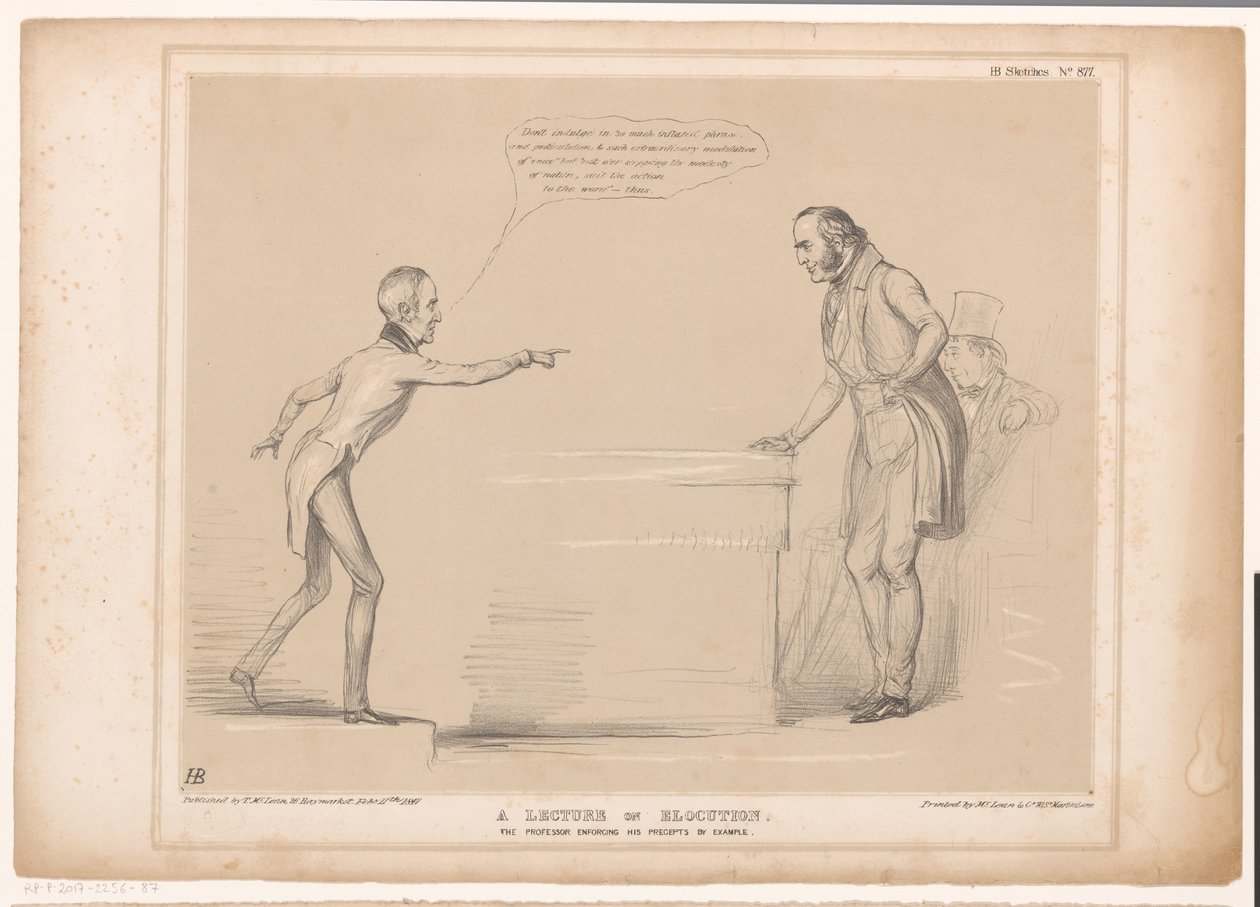 التقى Spotprent مع Roebuck في Lord Bentinck محاضرة عن التخاطب. يقوم الأستاذ بفرض مبادئه بالقدوة (العنوان على الشيء) اسكتشات HB (عنوان السلسلة على الكائن) بواسطة جون دويل