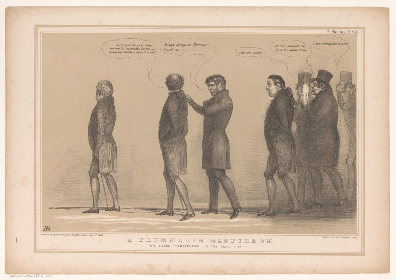 التقى سبوتبرنت ويليام سميث أوبراين استشهاد بروماجيم. أو الاضطهاد السكسوني في عام 1846 (العنوان على الشيء) اسكتشات HB (عنوان السلسلة على الكائن) بواسطة جون دويل