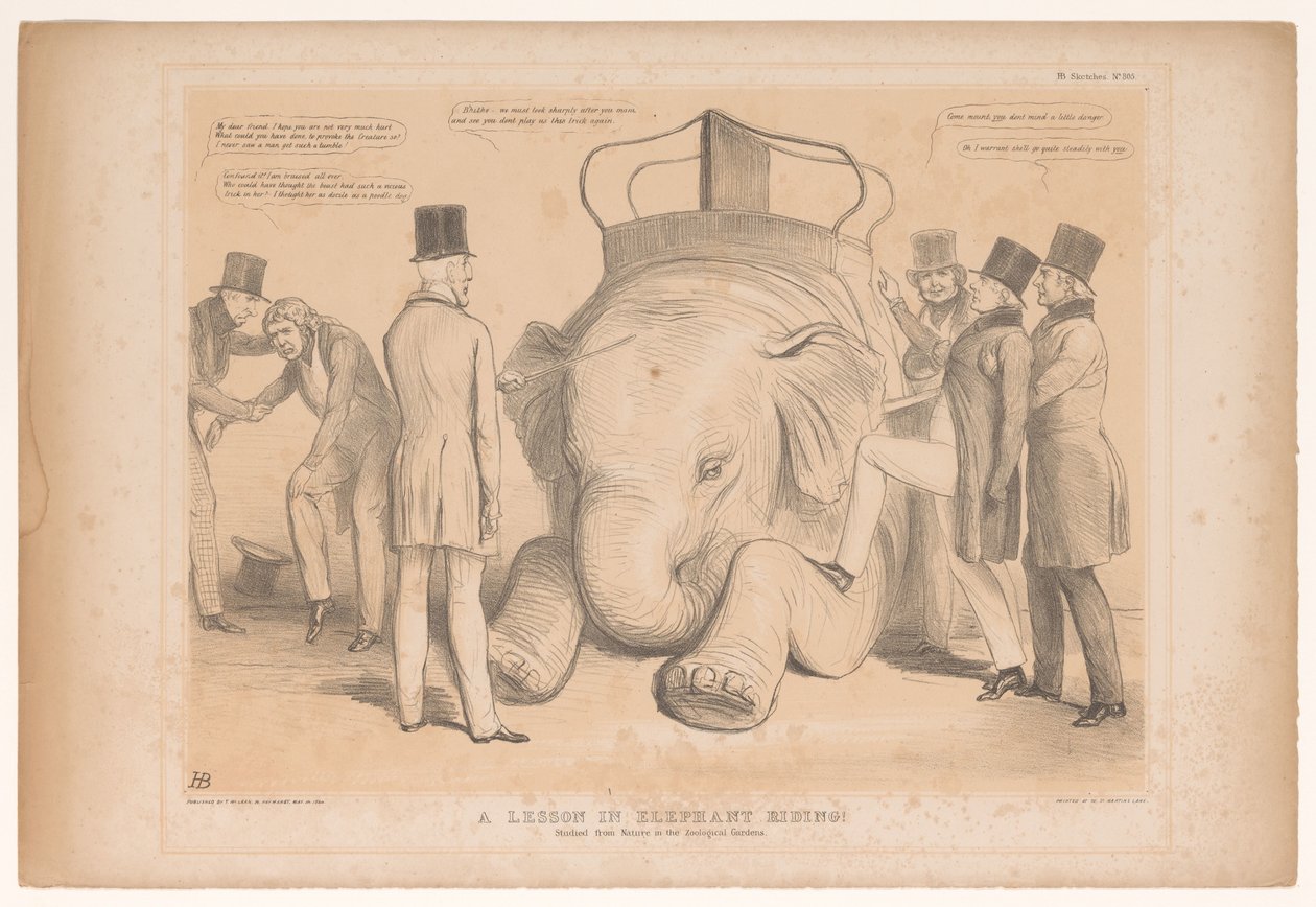 Spotprent فوق de aanstelling van Henry Hardinge als gouverneur van India درس في ركوب الفيل! درس من الطبيعة في حدائق الحيوان (العنوان على الكائن) اسكتشات HB (عنوان السلسلة على الكائن) بواسطة جون دويل