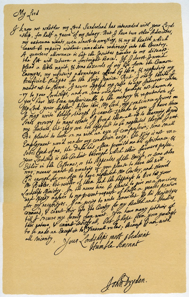 رسالة من جون درايدن إلى لورانس هايد ، c1682-1683. بواسطة جون درايدن