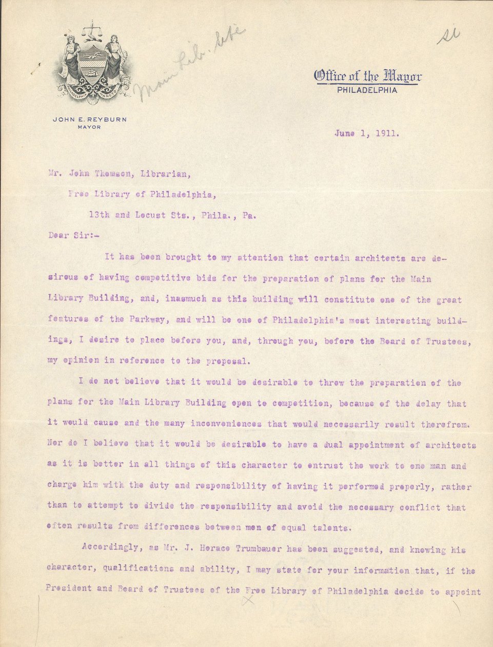 Letter from Mayor John Reyburn to librarian John Thomson approving of Horace Trumbauer as architect of the Main Library Building, June 1 بواسطة جون إي ريبورن